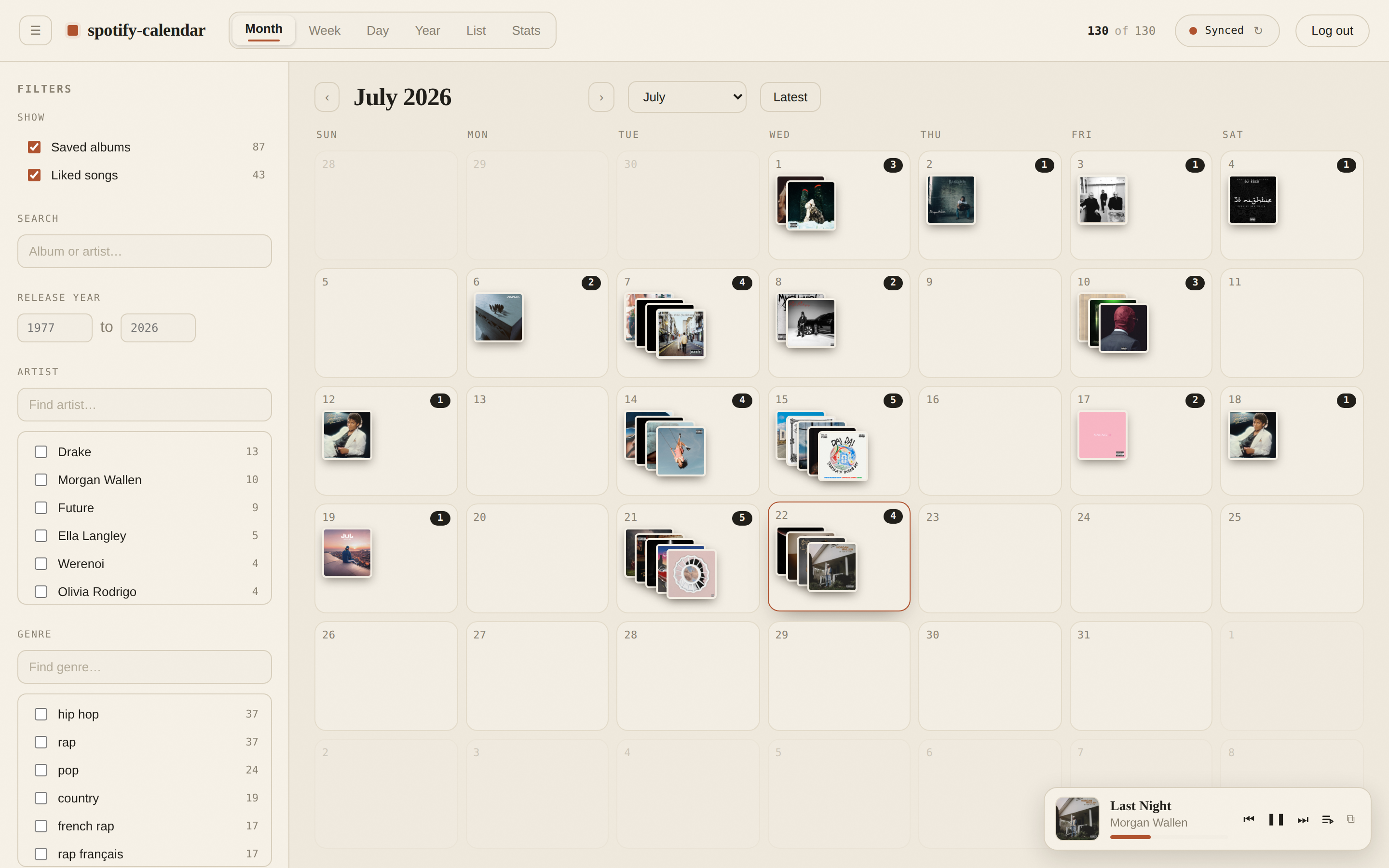 Month view: a July calendar grid where each day shows a stack of the album covers saved that day, with a filter panel on the left and a mini-player in the corner